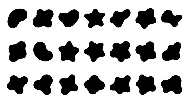 Abstract organic blob shapes, set of 21 black liquid silhouettes, minimalist fluid amoeba vector elements for modern graphic design