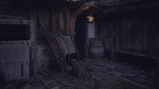 Moody Romanian barn entrance, broken gate and leaning wheelbarrow, cracked plaster and thatch, deep shadows creating eerie, cinematic frame evoking rural