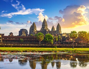 Fototapeta premium Ancient temple complex at sunrise with reflection in water