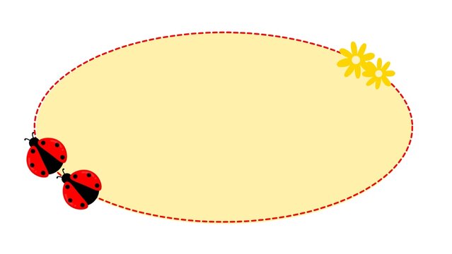 Oval frame with dotted red border, ladybug and flower decoration. Summer background with copy space, perfect for kids design, stickers, tags, and playful branding template