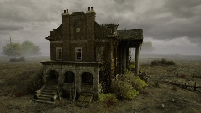 Ivy clad Slovenian villa reclaimed by nature, vines weaving through columns and moss blanketing stone veranda ecologist studying succession and habitat