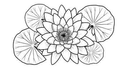 Detailed line drawing of a lotus flower with large lily pads © Ajoy