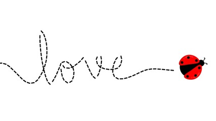 Love lettering formed by a dashed flight path with flying ladybug. Dotted line typography creating love word design with ladybug character. Handwritten Love Text Dotted Path With Flying Ladybug © Stock Arza