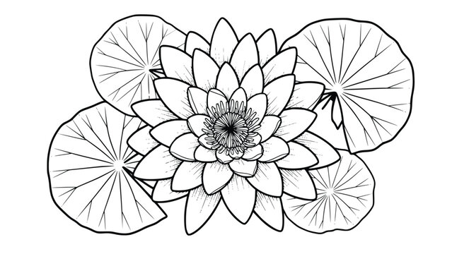 Detailed line drawing of a lotus flower with large lily pads