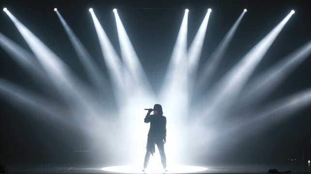 Singer performing on stage in bright spotlights.