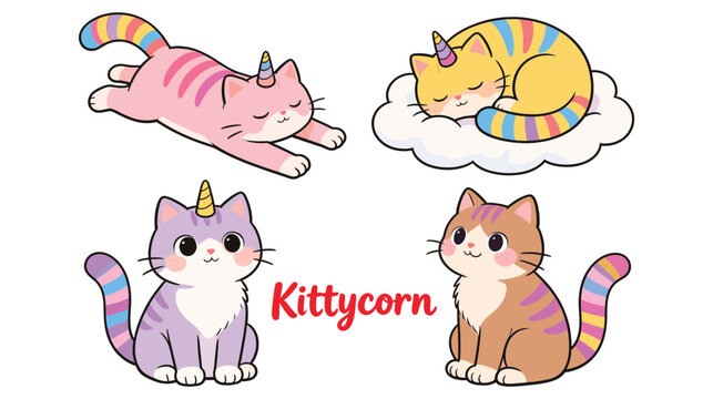 Cute colorful kittycorn cats with unicorn horns and rainbow tails on white background.