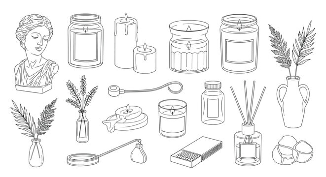Set of elegant home decor items in a line art style including candles, vases, a bust statue, and aromatic reed diffusers.