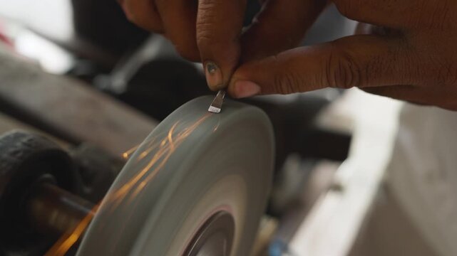 Handheld nail cleaner being sharpened by artisan outdoors