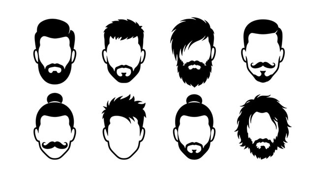 Barber shop hairstyle icons, men's beard and haircut styles vector set, masculine facial hair silhouettes for grooming salon branding