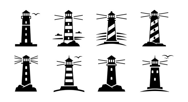 Lighthouse icon set with 8 black vector silhouettes, nautical maritime beacon symbols, coastal navigation tower illustrations for logos and branding