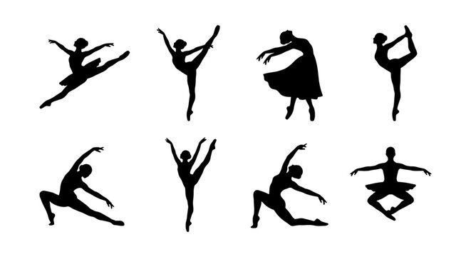 Graceful ballerina silhouettes set, 8 ballet dancer vector icons in various poses, elegant female performers in tutus and leotards for dance studio branding