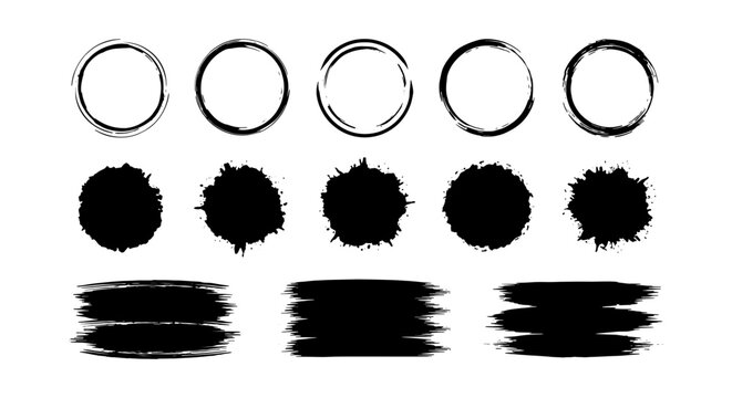Grunge black ink brush strokes and circles, hand drawn paint splatter set, textured charcoal smear vector elements for artistic design