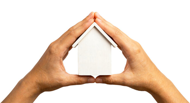 Hands Holding Small Wooden House Model Real Estate Home Ownership Concept Isolated