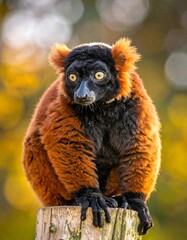 Fototapeta premium Close-up of a red ruffed lemur perched on weathered wooden post