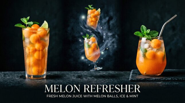 Refreshing Melon Refresher Cocktails with Mint and Ice Cubes.