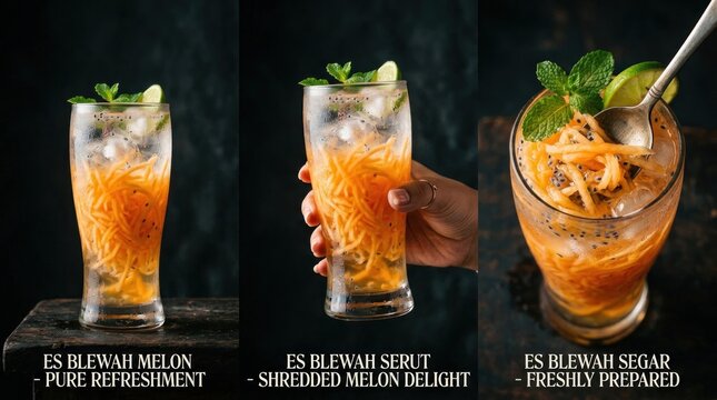 Refreshing Indonesian Es Blewah Melon Drink with Mint Garnish.