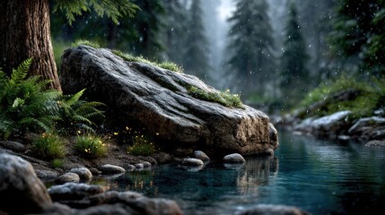 Fototapeta premium Tranquil forest stream with large rock and falling water.