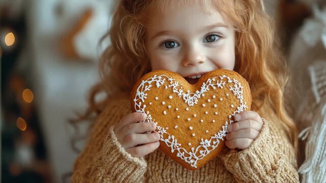Adorable little girl with curly red hair smiling while holding a decorated christmas cookie