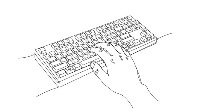 A minimalist single-line drawing of a human hand rests gently on a computer keyboard to emphasize the precise act of typing in a professional setting.