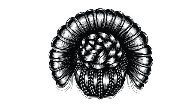 Detailed black and white illustration of a ram's head with intricate braided horn and textured fur