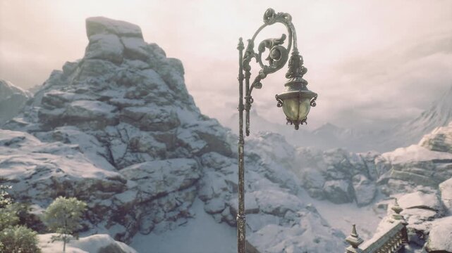 A vintage lamp post illuminates a winter scene, surrounded by majestic snow covered mountains. The soft glow contrasts with the chilly atmosphere, creating a magical ambiance.
