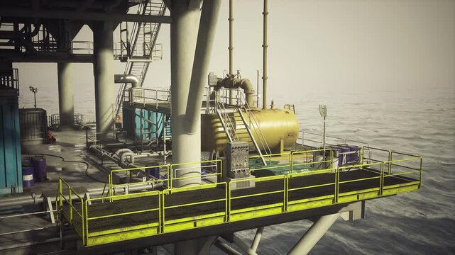 Supply transfer point on oil rig deck, fuel drum and storage units beside lifting gear, tether points and cargo markers, gritty paint and practical staging