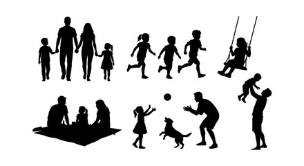Family silhouettes collection, black vector set of parents and children playing, outdoor leisure activities and happy childhood moments