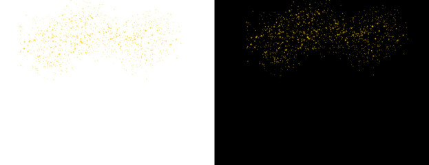 Glowing golden glitter dust isolated on transparent and black background, sparkling particles overlay, magical festive light effect for greeting design. © Mas