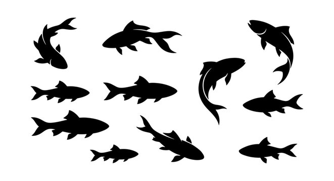 Black fish silhouette collection, set of 11 aquatic animal vector icons, minimalist underwater sea life shapes for fishing logos and nature design