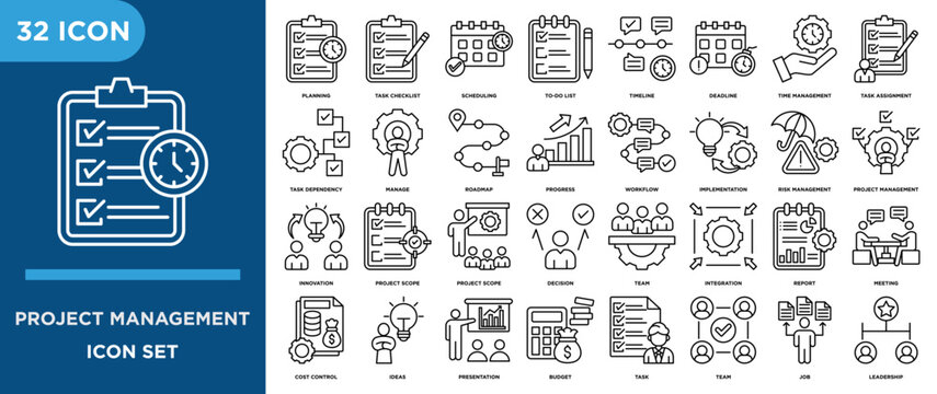Project management outline icon set featuring planning, task checklist, scheduling, to-do list, timeline, deadline, and manage