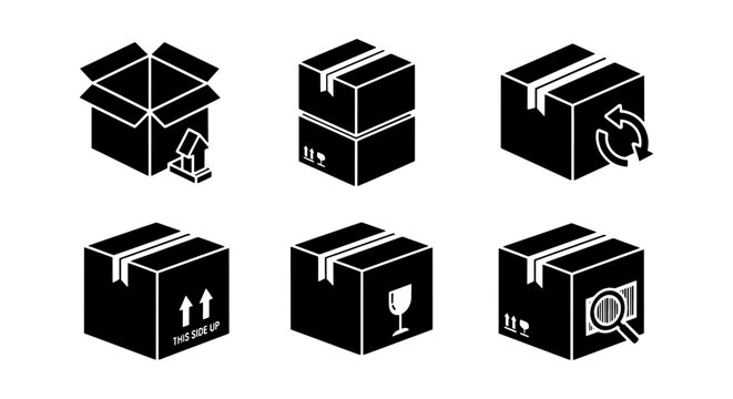 Logistics cardboard box icons set, 6 black delivery package vector symbols, shipping and warehouse storage signs for e-commerce and distribution