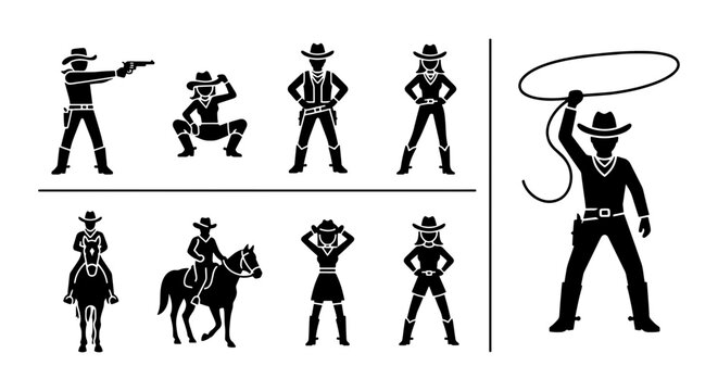 Wild West cowboy silhouettes set, 9 western character icons including horse riders and gunfighters, black and white outlaw vector collection