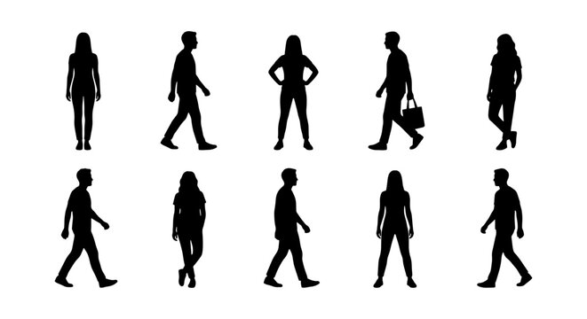 Black silhouettes of people walking and standing, set of 10 human figures in various poses, flat vector icons of men and women for architectural rendering