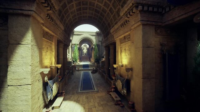 Golden atrium with central statue and sunlit aisle. Broad view of archway leading to luminous garden, reflective pools and blue runner accentuate perspective