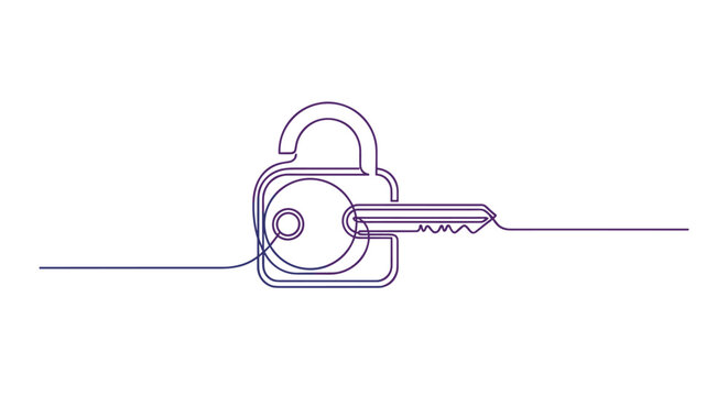 Single continuous line forms a padlock with a key inserted using a smooth purple to blue gradient in a minimalist and clean digital security icon design.