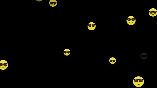 emoji face cool sunglasses and smile transition isolated alpha channel animation, emoticons celebration and funny social media overlay motion design element