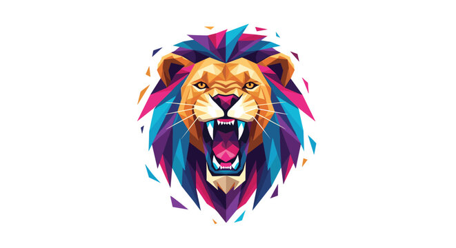 Geometric low poly lion head features sharp triangular facets with vibrant magenta and cyan color gradients displayed against a pristine white studio backdrop.