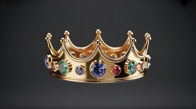 Golden crown with colorful precious stones on dark background symbolizing royalty and luxury fit for a king or queen