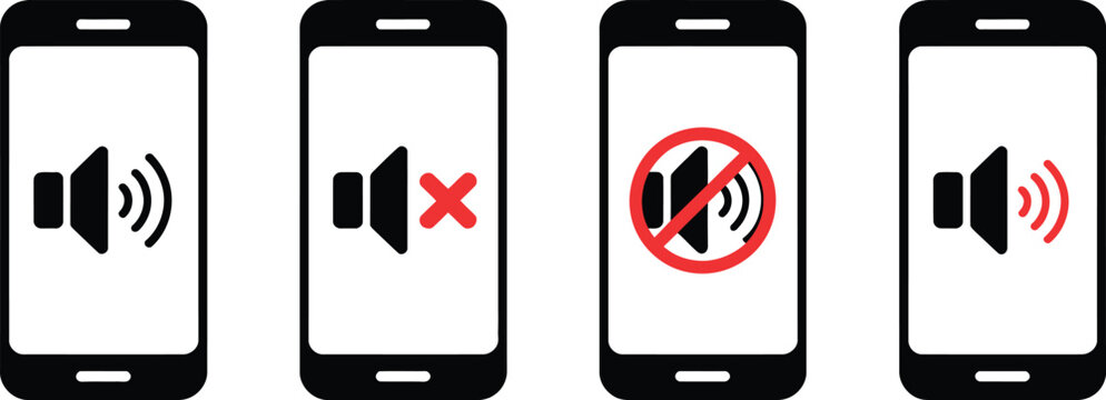 Smartphone sound settings icon set, mute volume and audio control symbols for mobile UI interface notification and media control design.