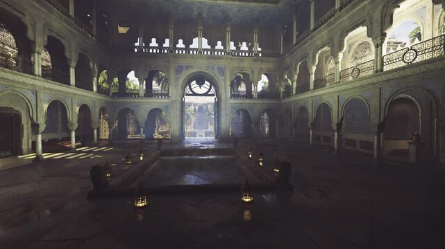vast ornate bathhouse interior with central reflective pool and marble mosaics, shafts of light cutting through dust, tranquil atmosphere suited for wellness