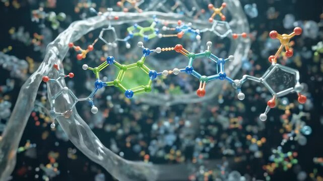 Deoxyribonucleic acid genetic molecule, showing complex helical structure, with base pair bond, inside microscopic cellular environment.