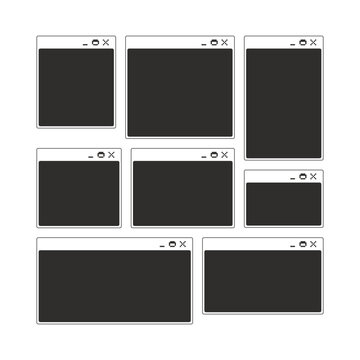 Simple blank monochrome pixel pop-up windows. Various sizes and layouts. Empty application frames. Y2K-aesthetic web. Pixelated blocky interface design. Retro 16bit UI overlay. Solid web popup