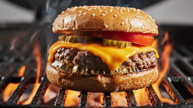 Cheeseburger grilling with open flame on barbeque grate