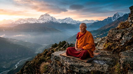 Fototapeta premium A monk in orange robes sits in lotus pose on a rock, immersed in deep meditation. Behind him, a majestic mountain landscape with snow-capped peaks and misty valleys creates peace and unity with natur