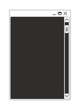 Scrollbar navigation blank monochrome pixel pop-up window. Vertical scroll bar empty page. Content control panel. Pixelated blocky interface design. Retro 16bit UI overlay. Solid web popup
