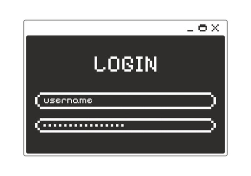 Login form monochrome pixel pop-up window. Username and password input fields. User authentication. Account member sign in. Pixelated blocky interface design. Retro 16bit UI overlay. Solid web popup