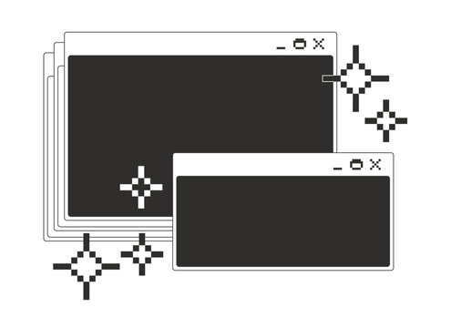 Twinkle shining stacked blank monochrome pixel pop-up windows. Empty dialog boxes with spark accents. Overlapping layers. Pixelated blocky interface design. Retro 16bit UI overlay. Solid web popup