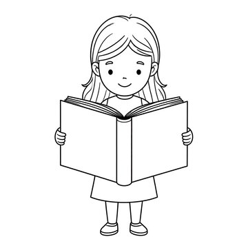 Child reading an open book, outlined in black, smiling, front view
