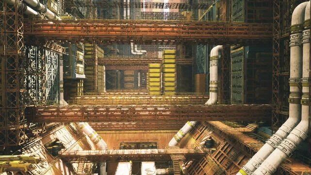 sunlit industrial pipe maze inside refinery with complex scaffolding, intersecting conduits, warm highlights, deep shadows, sense of scale and maintenance