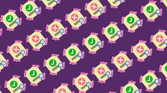 Abstract pattern of task status and audit icons on a purple background animation. Seamless wallpaper with productivity and quality control concept. Flat design task management and data inspection.